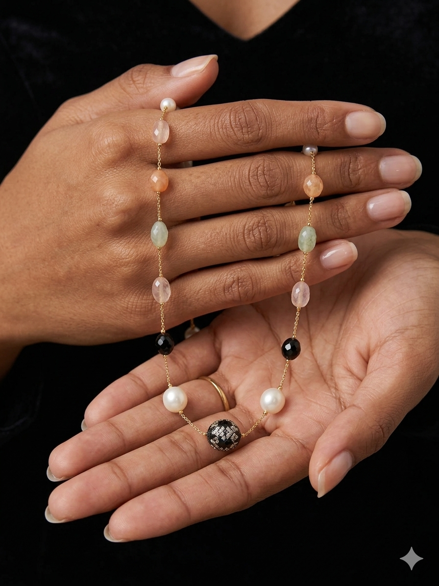 Pearl & Multi-Stone Pave Ball Necklace Set