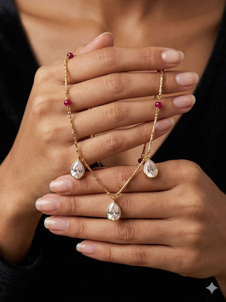Crystal Drop & Ruby Gold Necklace