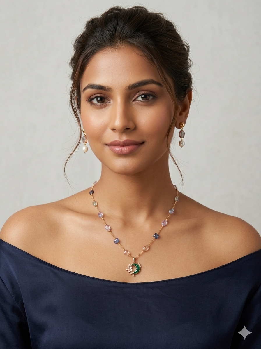 Celestial Moon & Star Jade Pendant Multi-Stone Necklace Set