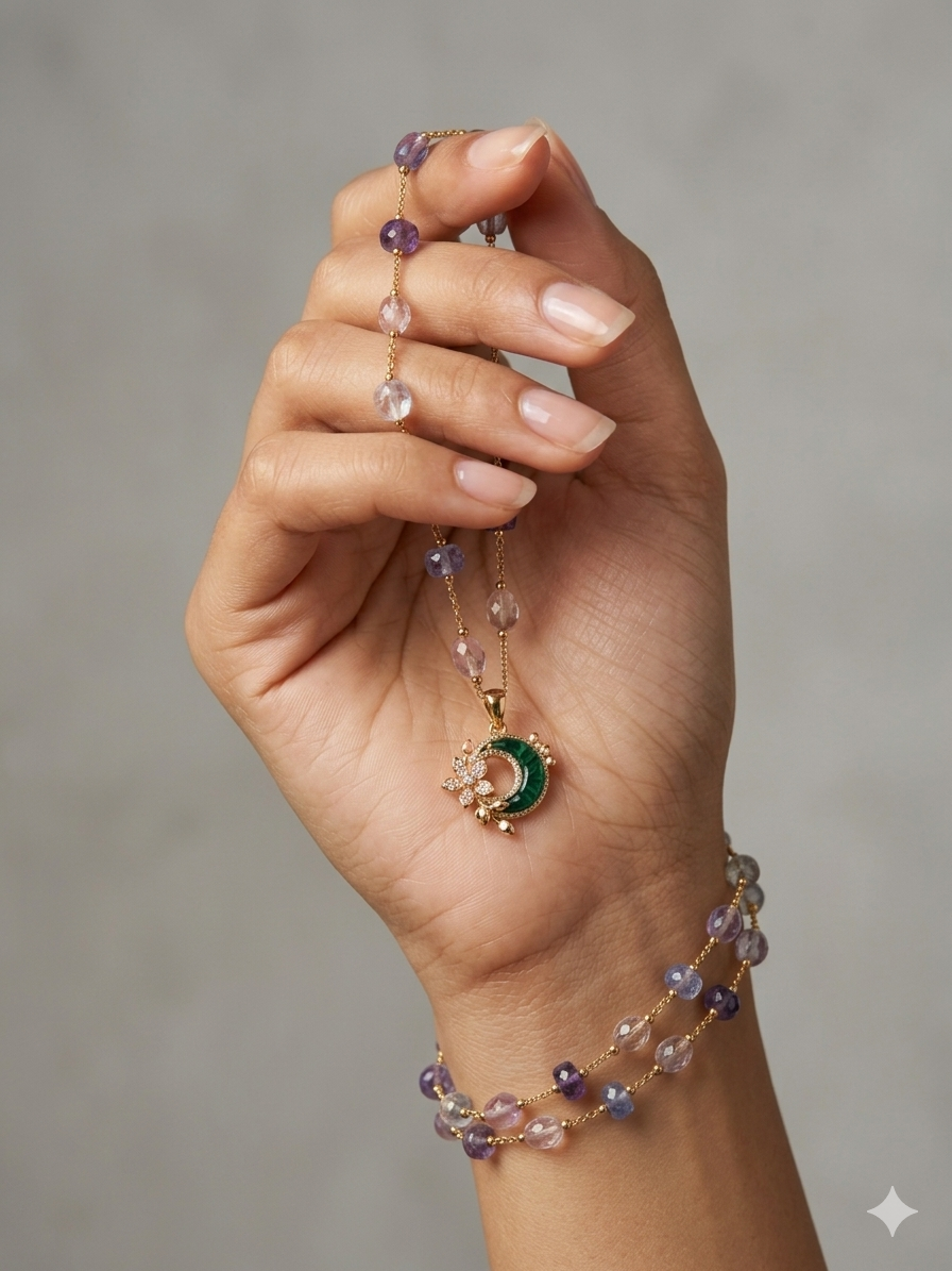 Celestial Moon & Star Jade Pendant Multi-Stone Necklace Set
