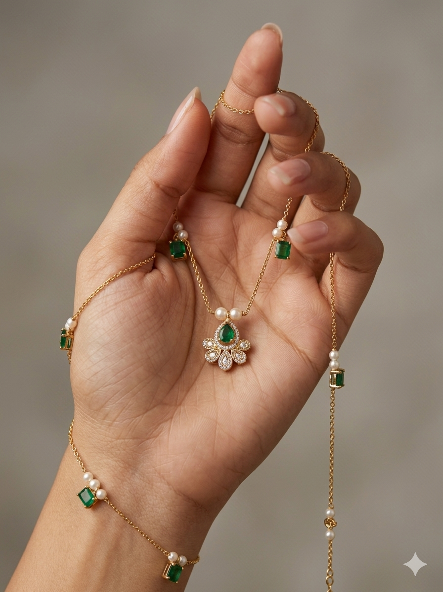 Emerald Green & Pearl Polki Fan Pendant Necklace Set