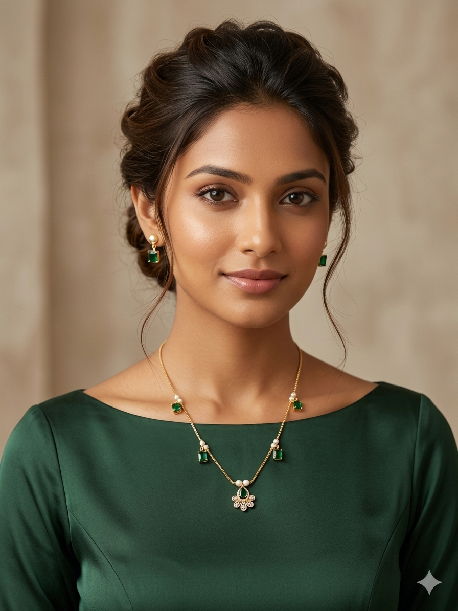 Emerald Green & Pearl Polki Fan Pendant Necklace Set