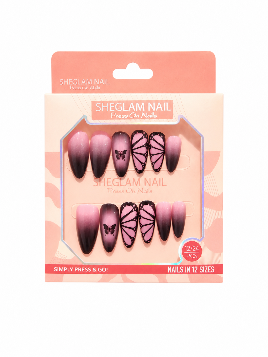 SHEGLAM Press On Nails – Pink Ombre Butterfly