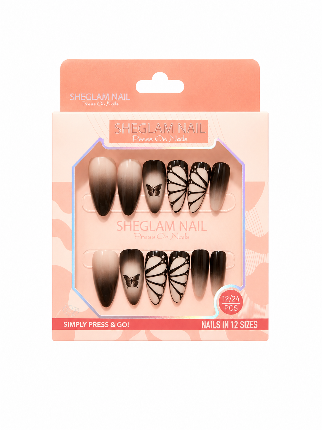 SHEGLAM Press On Nails – Black Ombre Butterfly
