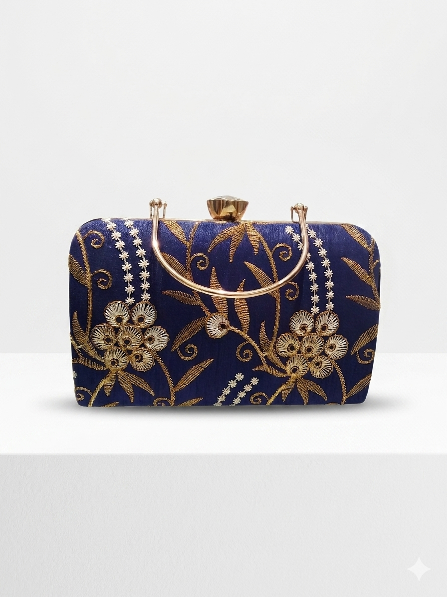 Navy Blue Gold Embroidered Bridal Clutch with Crystal Clasp