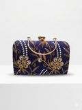 Navy Blue Gold Embroidered Bridal Clutch with Crystal Clasp