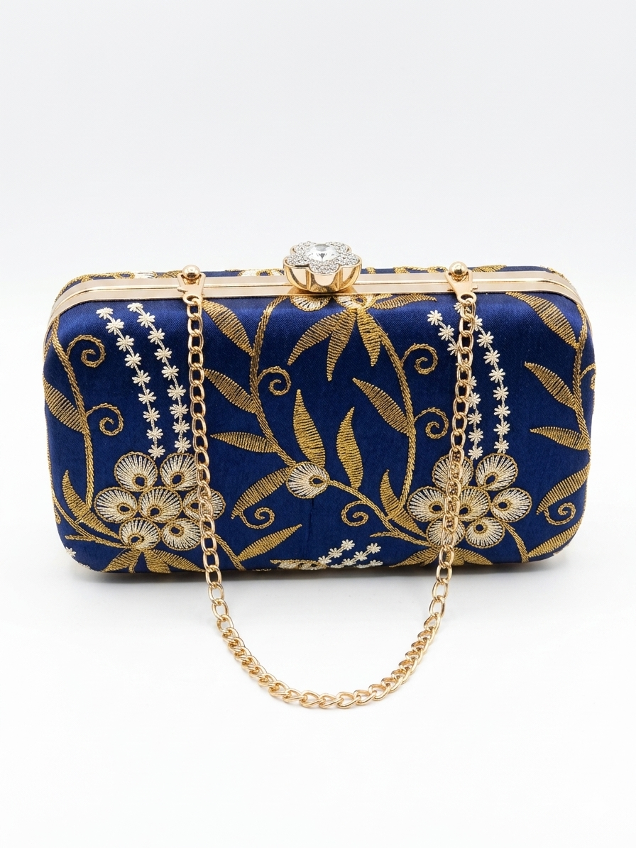 Navy Blue Gold Embroidered Bridal Clutch with Crystal Clasp