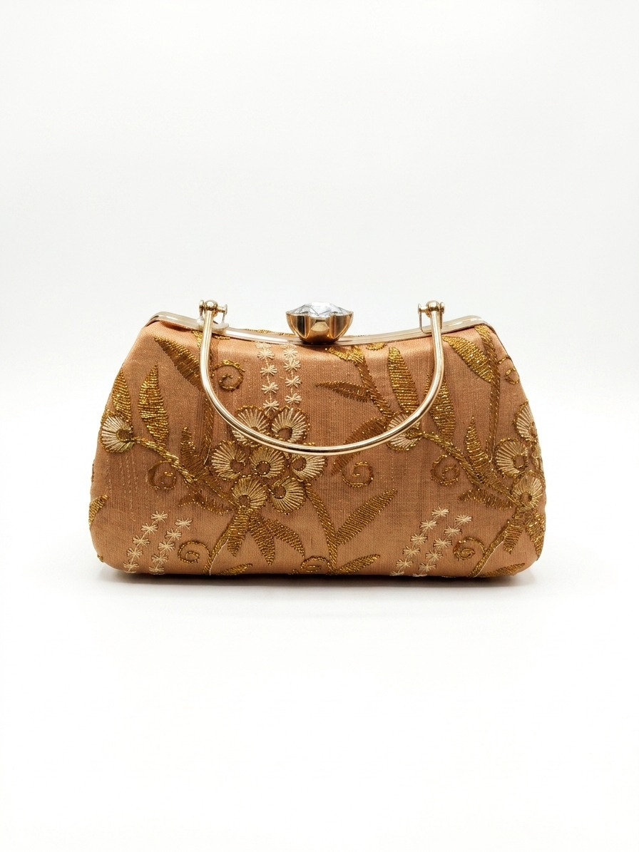 Gold Embroidered Bridal Clutch with Crystal Clasp & Metal Handle
