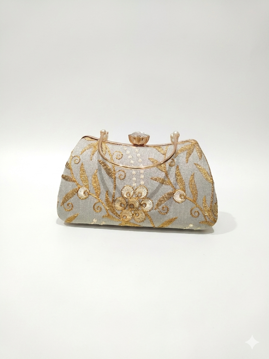 Silver Gold Embroidered Bridal Clutch with Crystal Clasp & Metal Handle