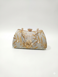 Silver Gold Embroidered Bridal Clutch with Crystal Clasp & Metal Handle