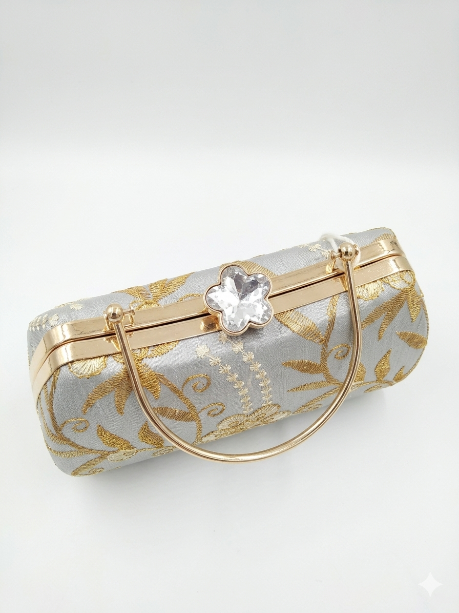 Silver Gold Embroidered Bridal Clutch with Crystal Clasp & Metal Handle