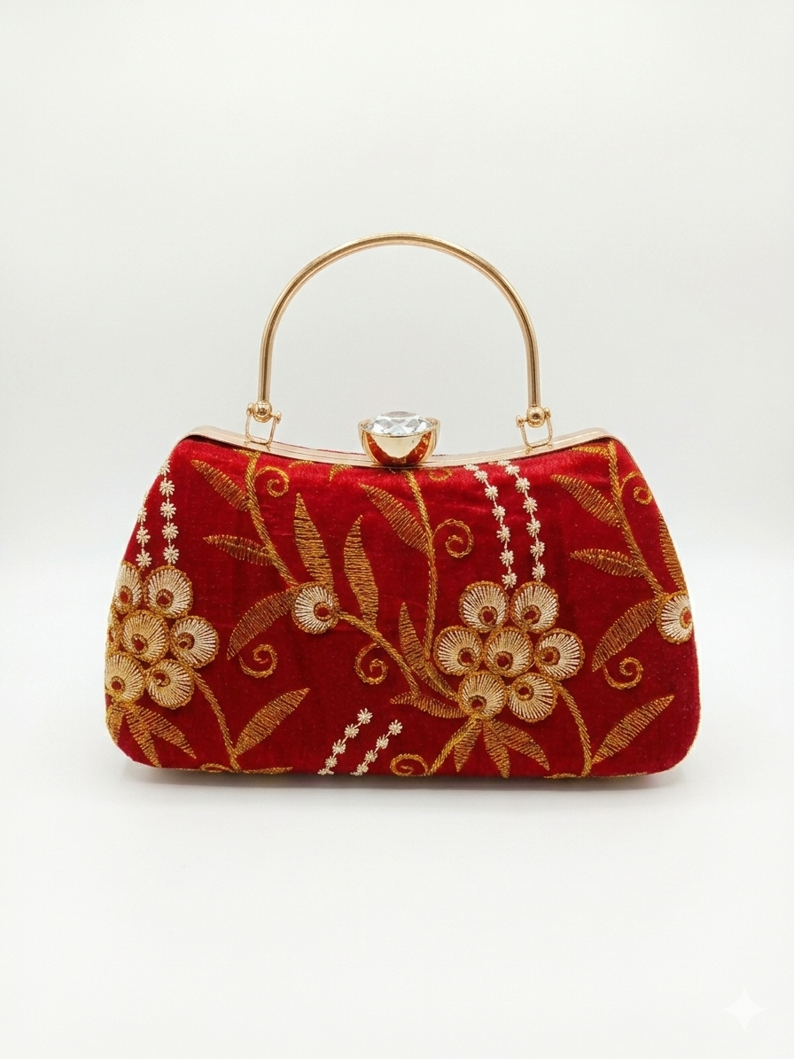 Red Embroidered Bridal Clutch with Gold Metal Handle
