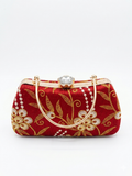 Red Embroidered Bridal Clutch with Gold Metal Handle