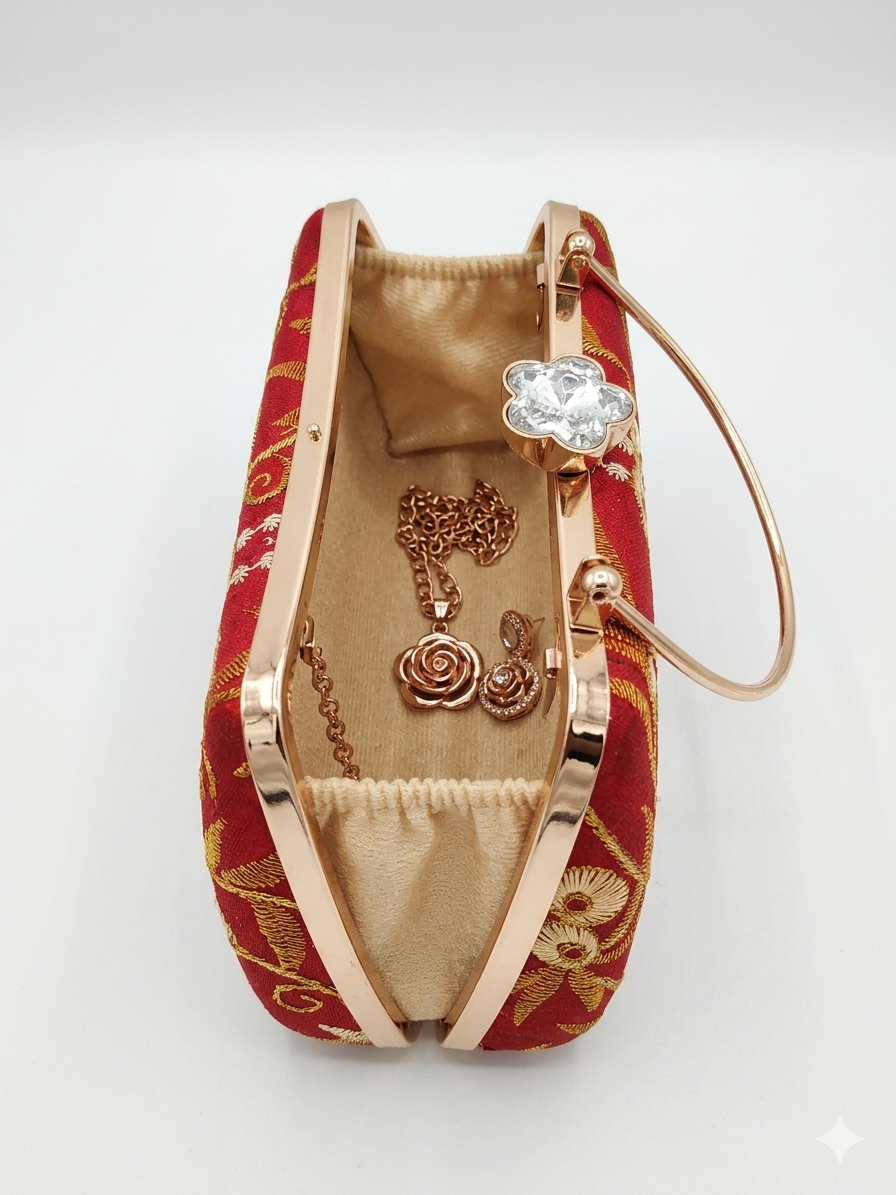 Red Embroidered Bridal Clutch with Gold Metal Handle