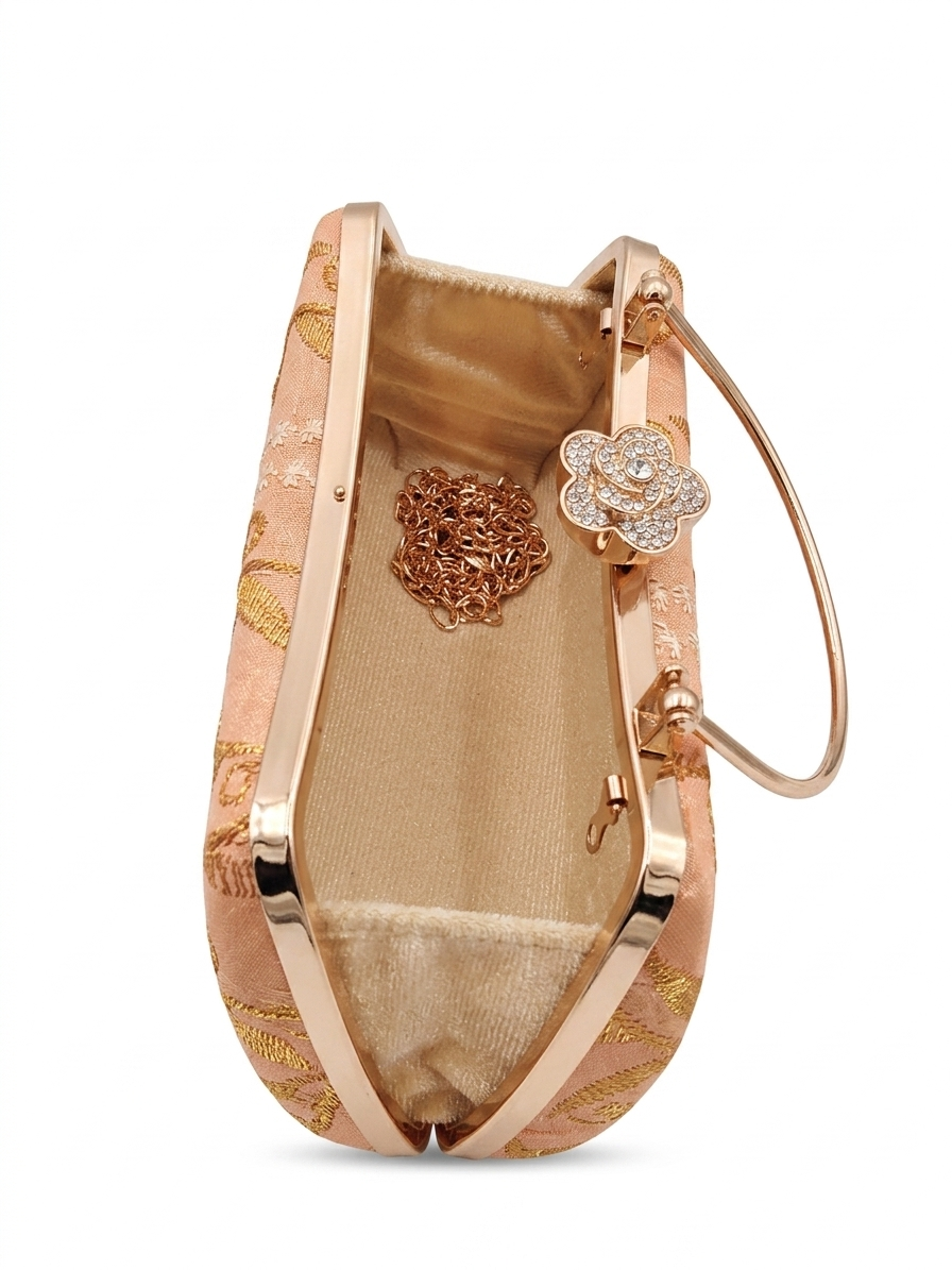 Gold Embroidered Bridal Clutch with Crystal Clasp & Metal Handle