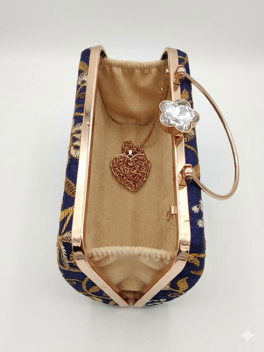 Navy Blue Gold Embroidered Bridal Clutch with Crystal Clasp