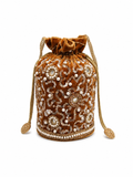 Amber Gold Velvet Potli Bag with Sequin & Pearl Embroidery
