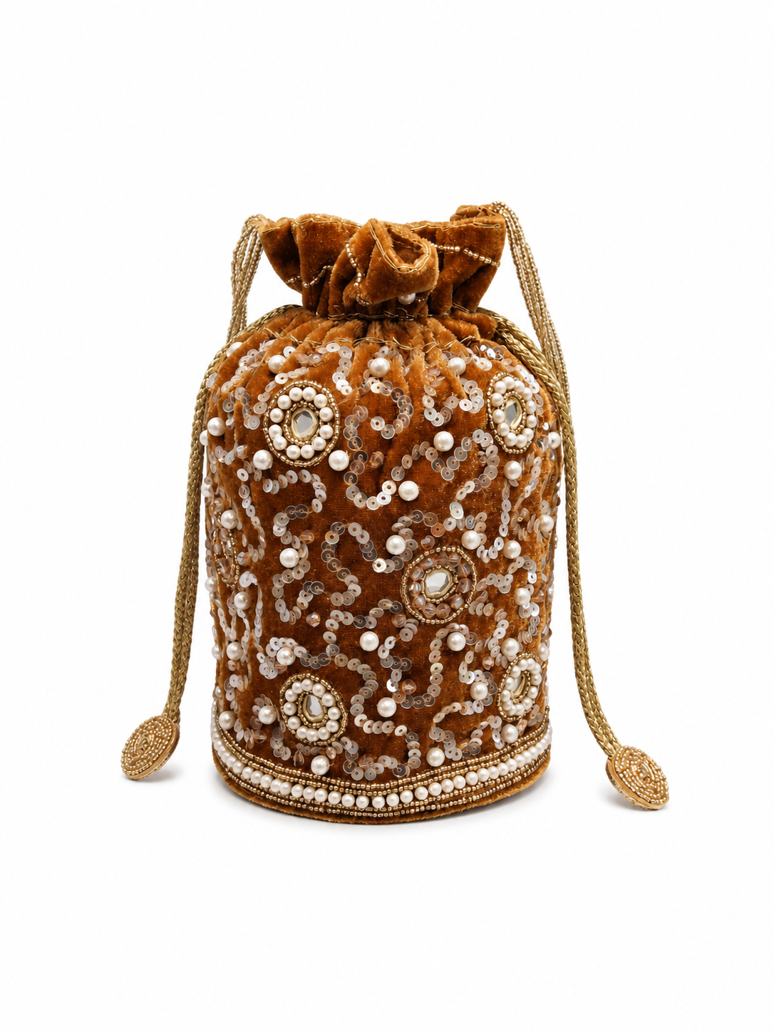 Amber Gold Velvet Potli Bag with Sequin & Pearl Embroidery