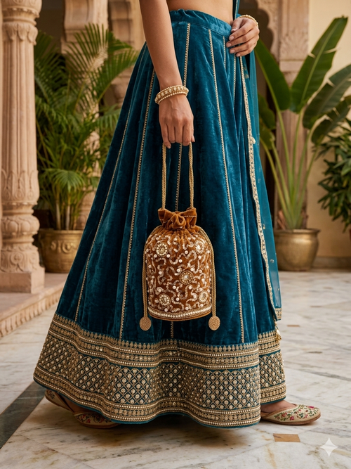 Amber Gold Velvet Potli Bag with Sequin & Pearl Embroidery