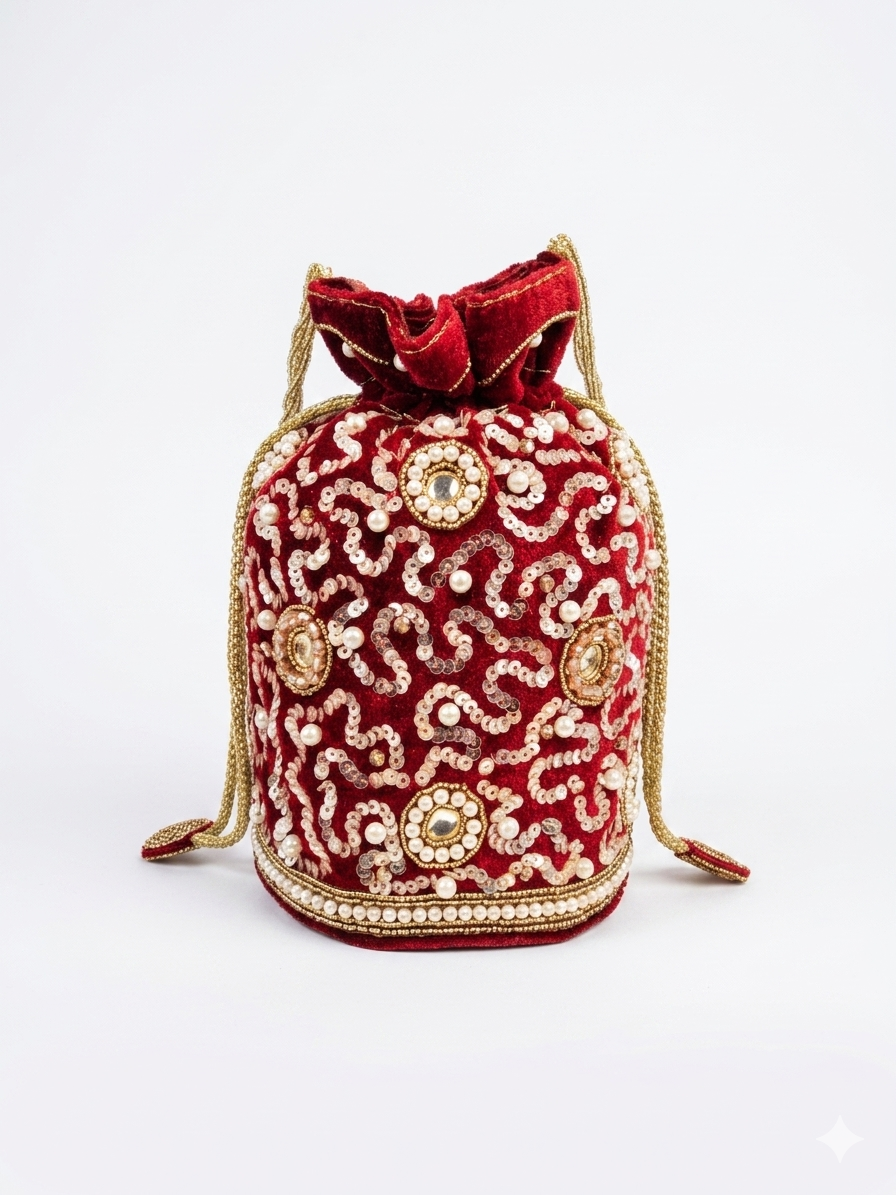 Red Velvet Potli Bag with Sequin & Pearl Embroidery