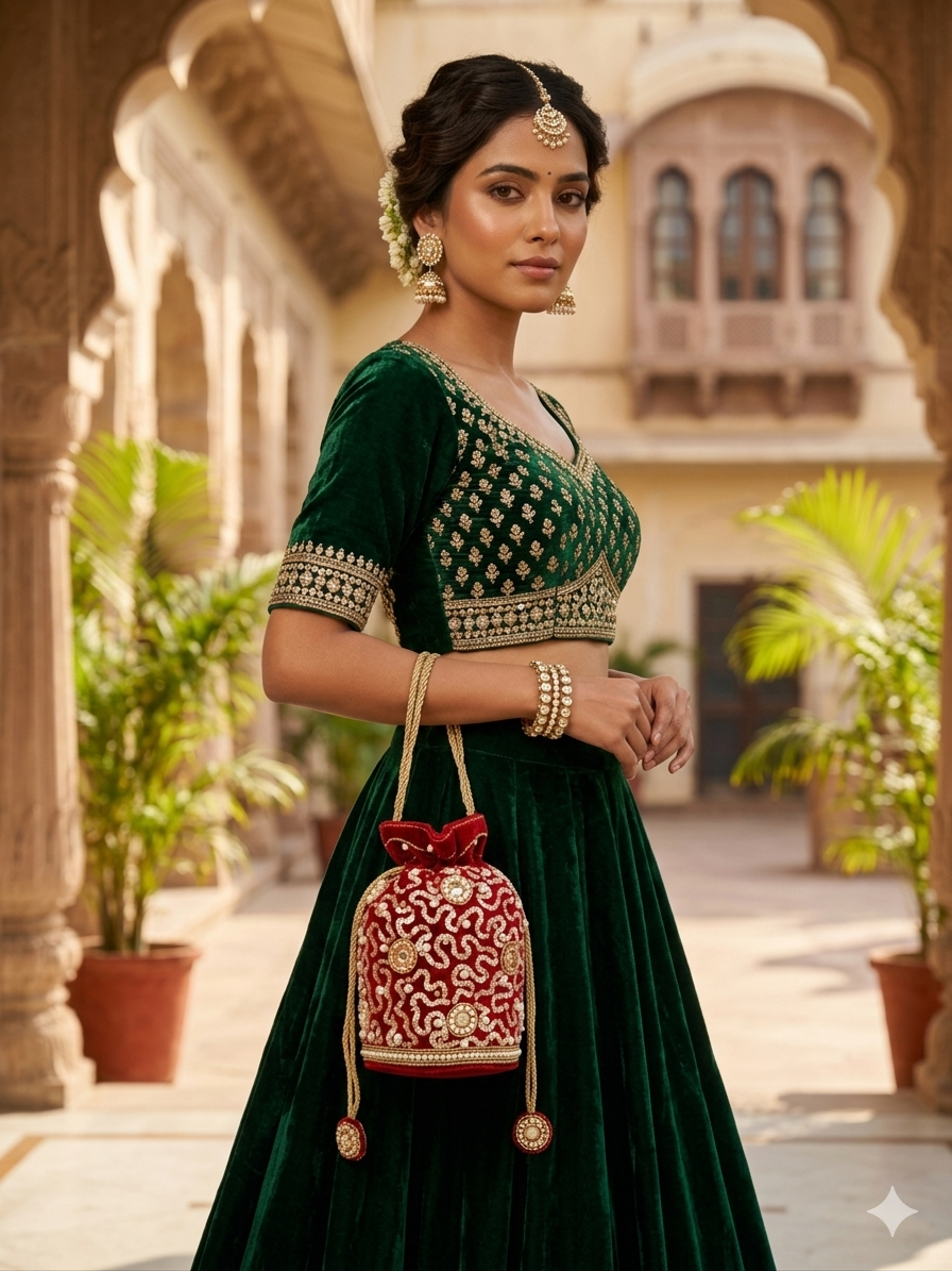 Red Velvet Potli Bag with Sequin & Pearl Embroidery