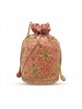Blush Pink Velvet Potli Bag with Gold Zardozi Floral Embroidery