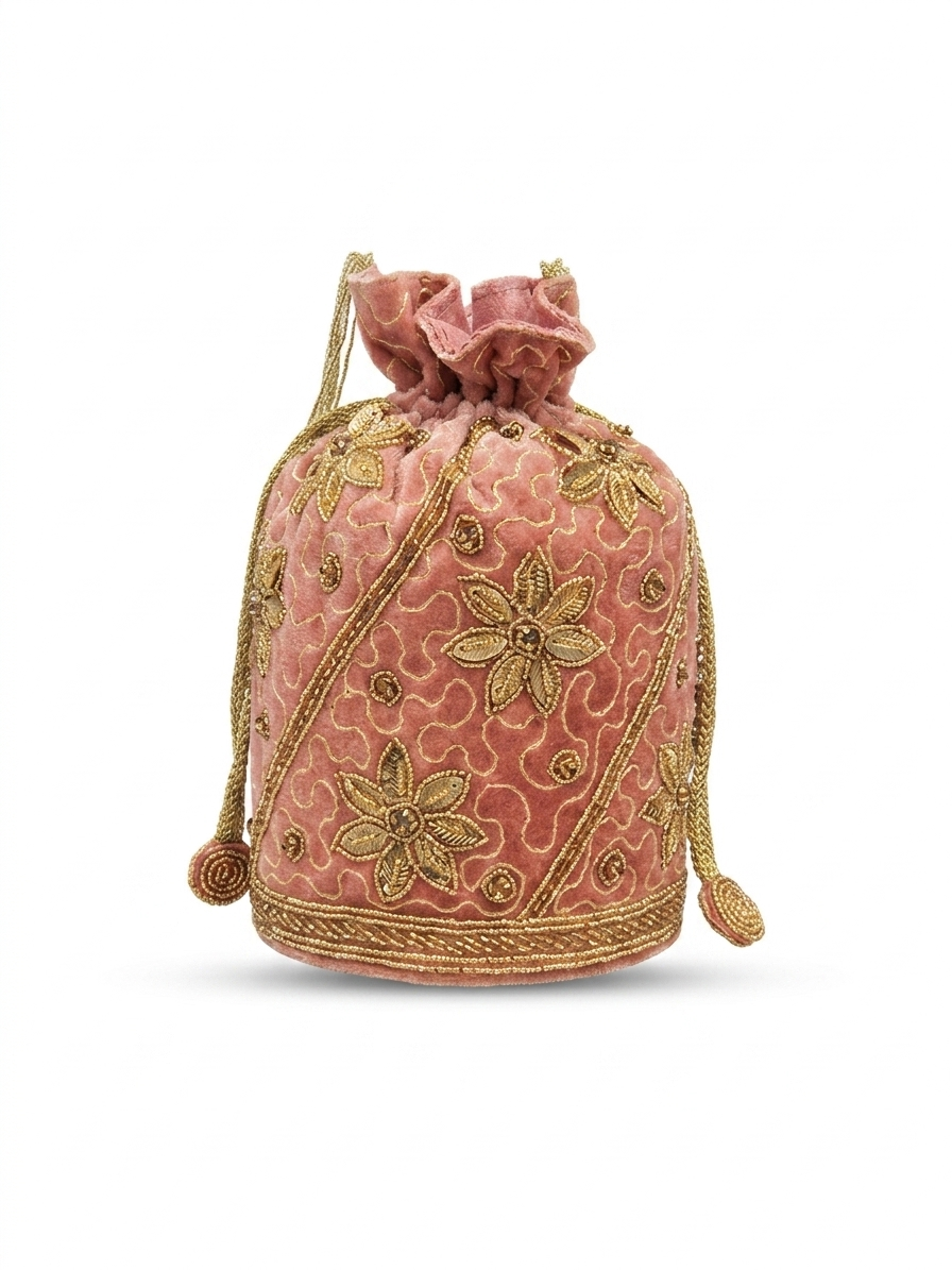 Blush Pink Velvet Potli Bag with Gold Zardozi Floral Embroidery