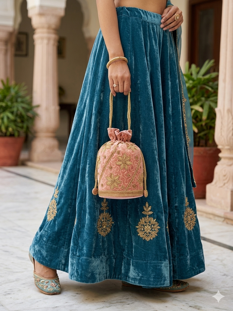 Blush Pink Velvet Potli Bag with Gold Zardozi Floral Embroidery