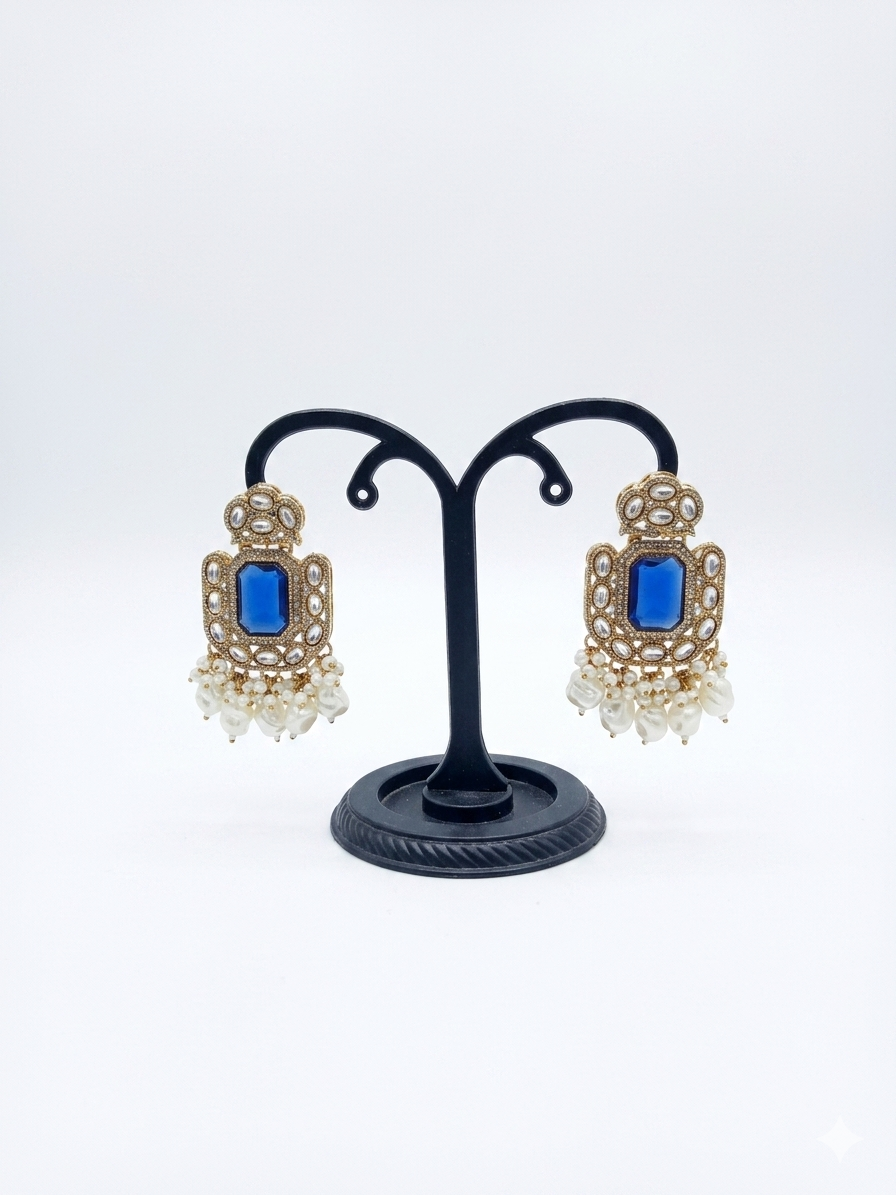 Blue Kundan Pearl Drop Earrings