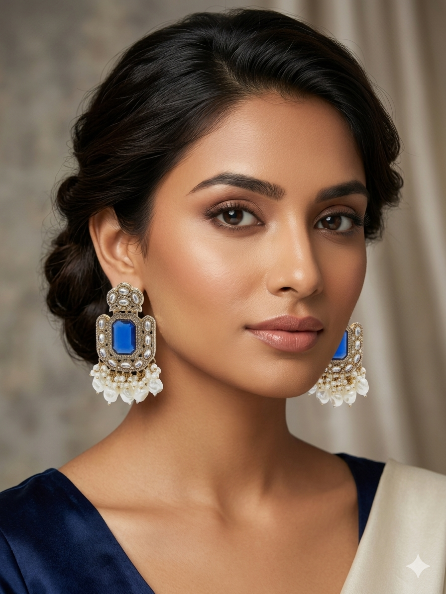 Blue Kundan Pearl Drop Earrings