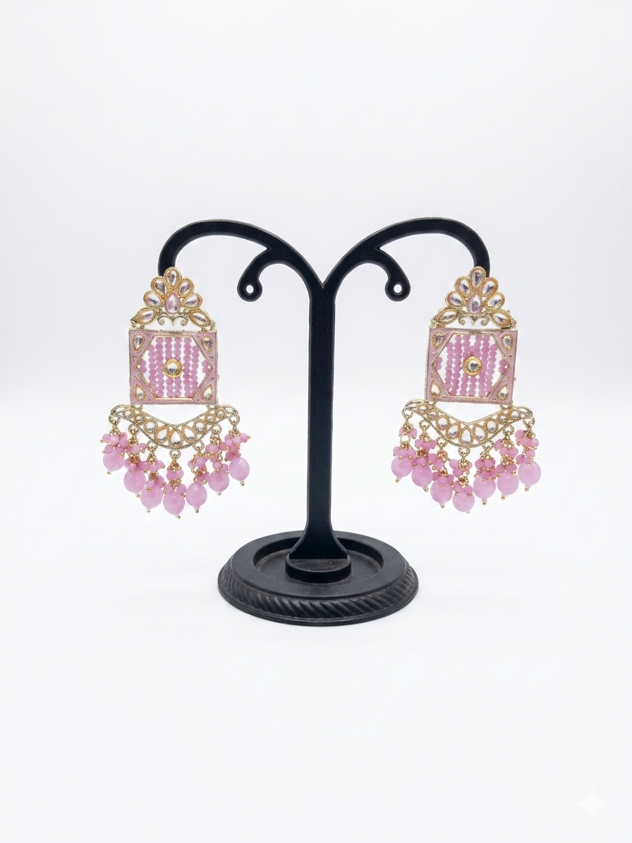 Pink Meenakari Jhumka Earrings with Bead Drops