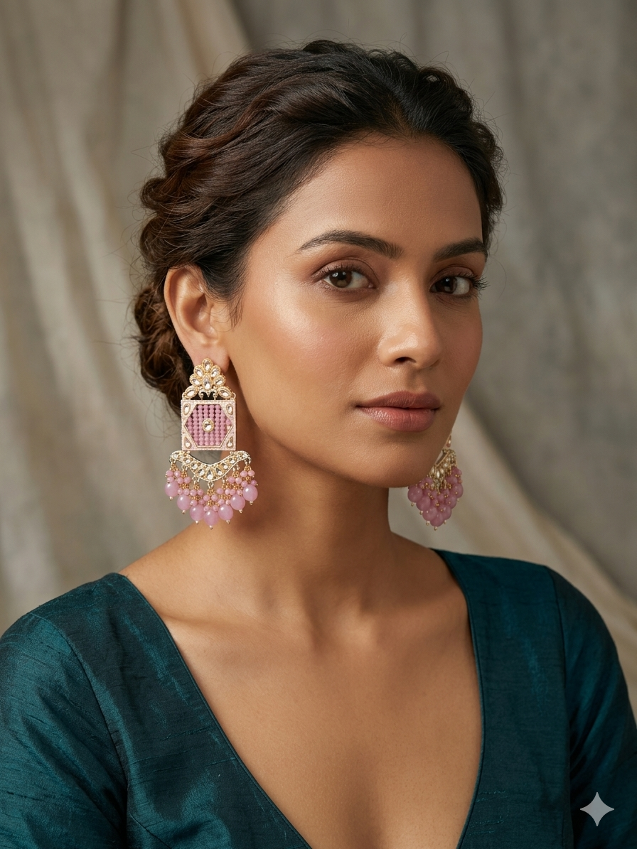 Pink Meenakari Jhumka Earrings with Bead Drops