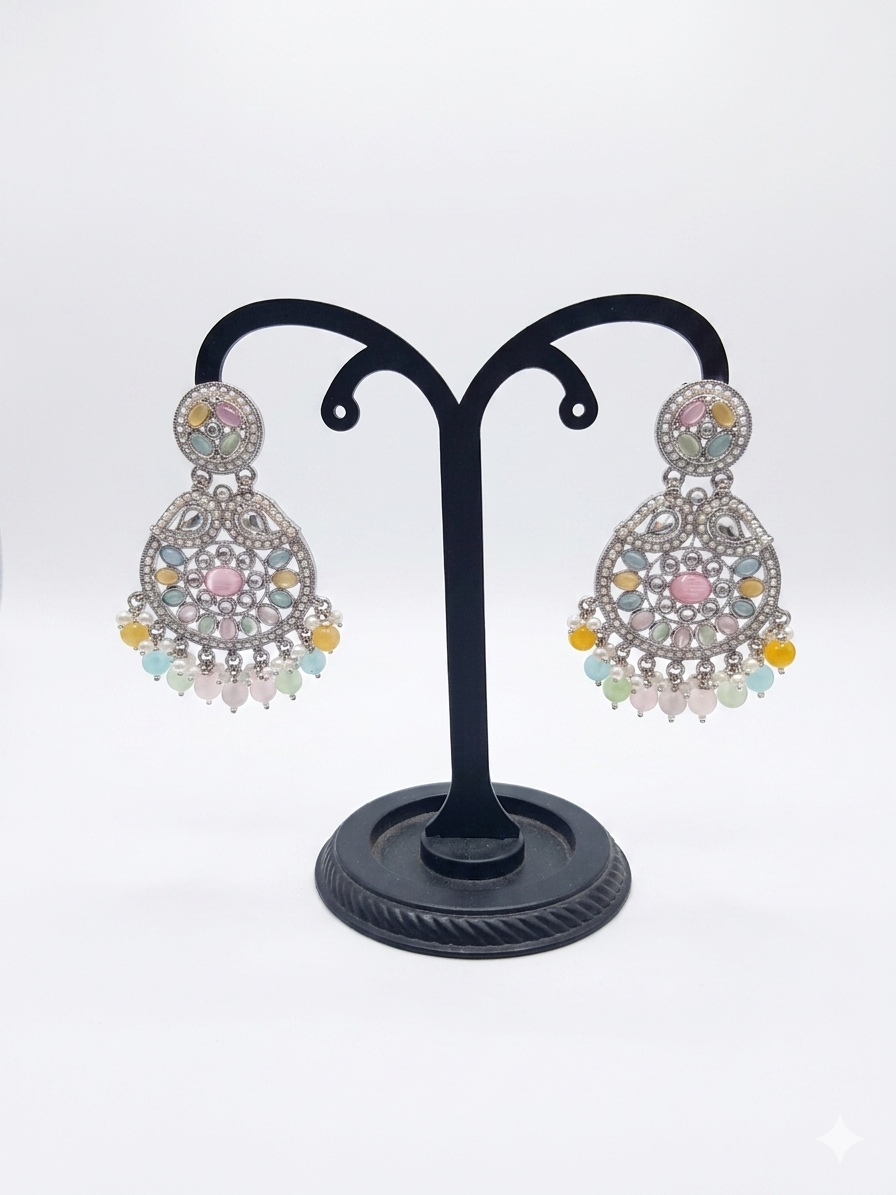 Pastel Multicolour Chandbali Earrings with Bead Drops