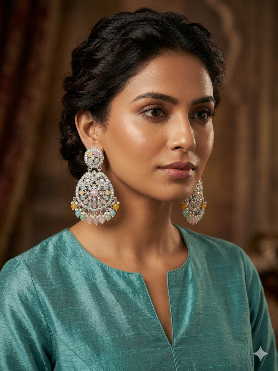 Pastel Multicolour Chandbali Earrings with Bead Drops