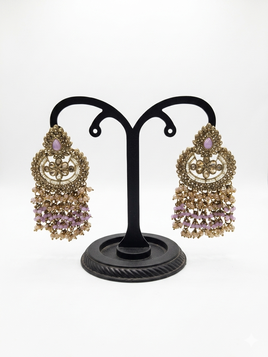 Antique Gold Chandbali Earrings with Lavender Bead Drops