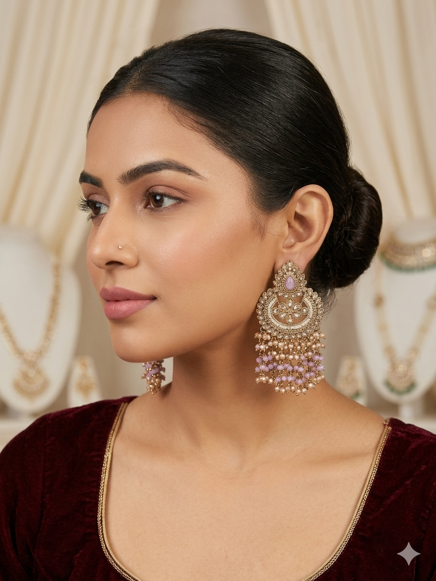 Antique Gold Chandbali Earrings with Lavender Bead Drops
