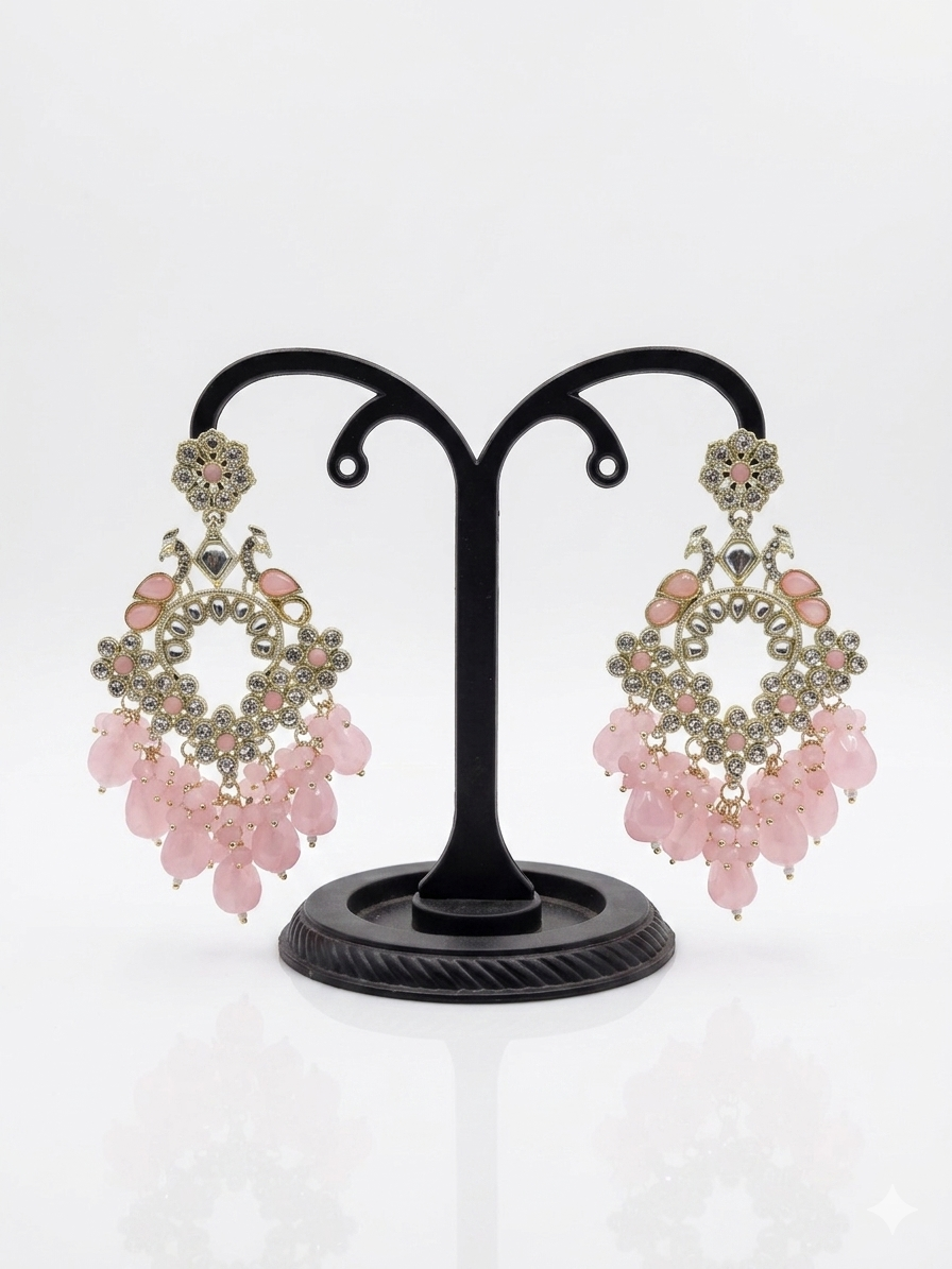 Blush Pink Chandbali Earrings with Crystal Bead Drops