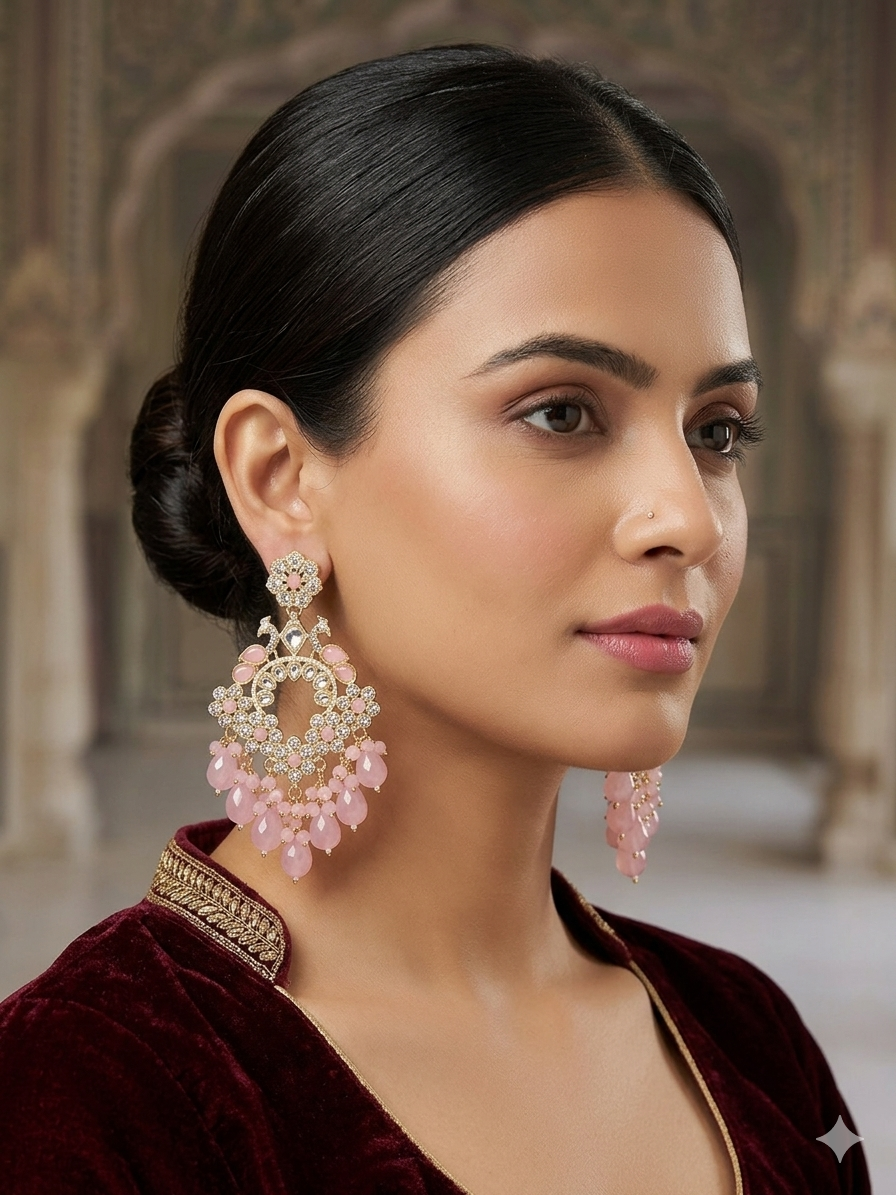Blush Pink Chandbali Earrings with Crystal Bead Drops