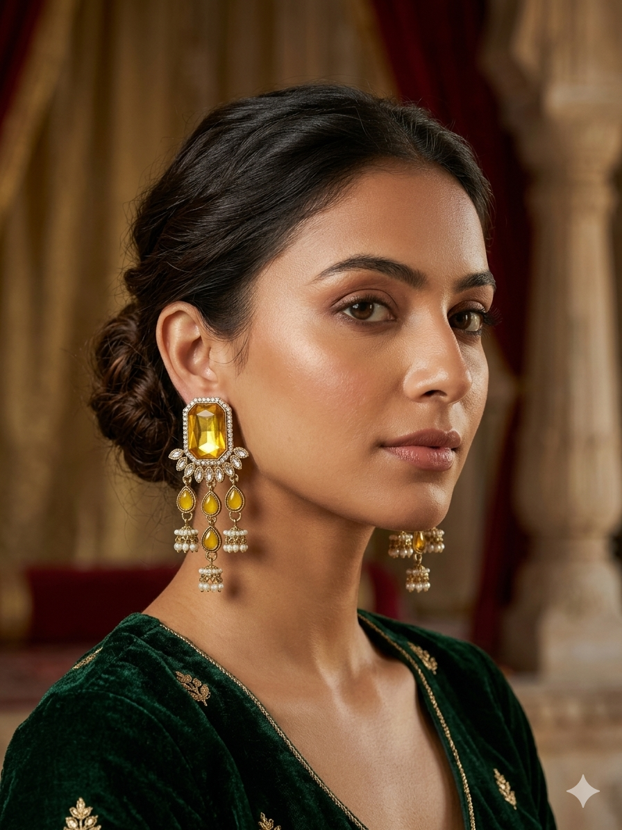 Yellow Gemstone Chandelier Earrings with Pearl Jhumka Drops
