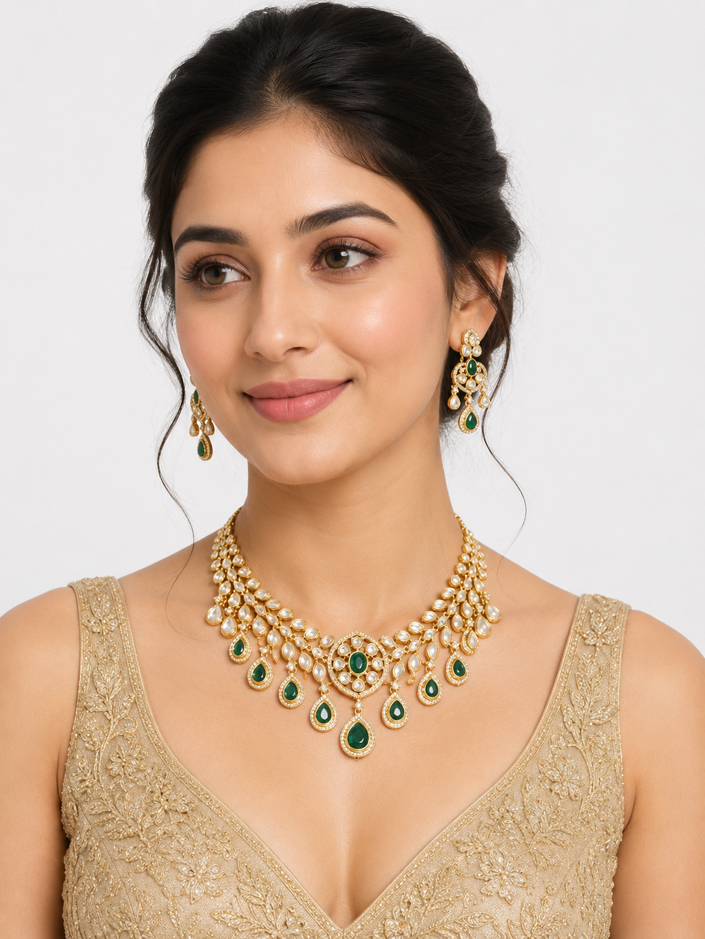 Emerald Green Kundan Necklace & Earrings Set