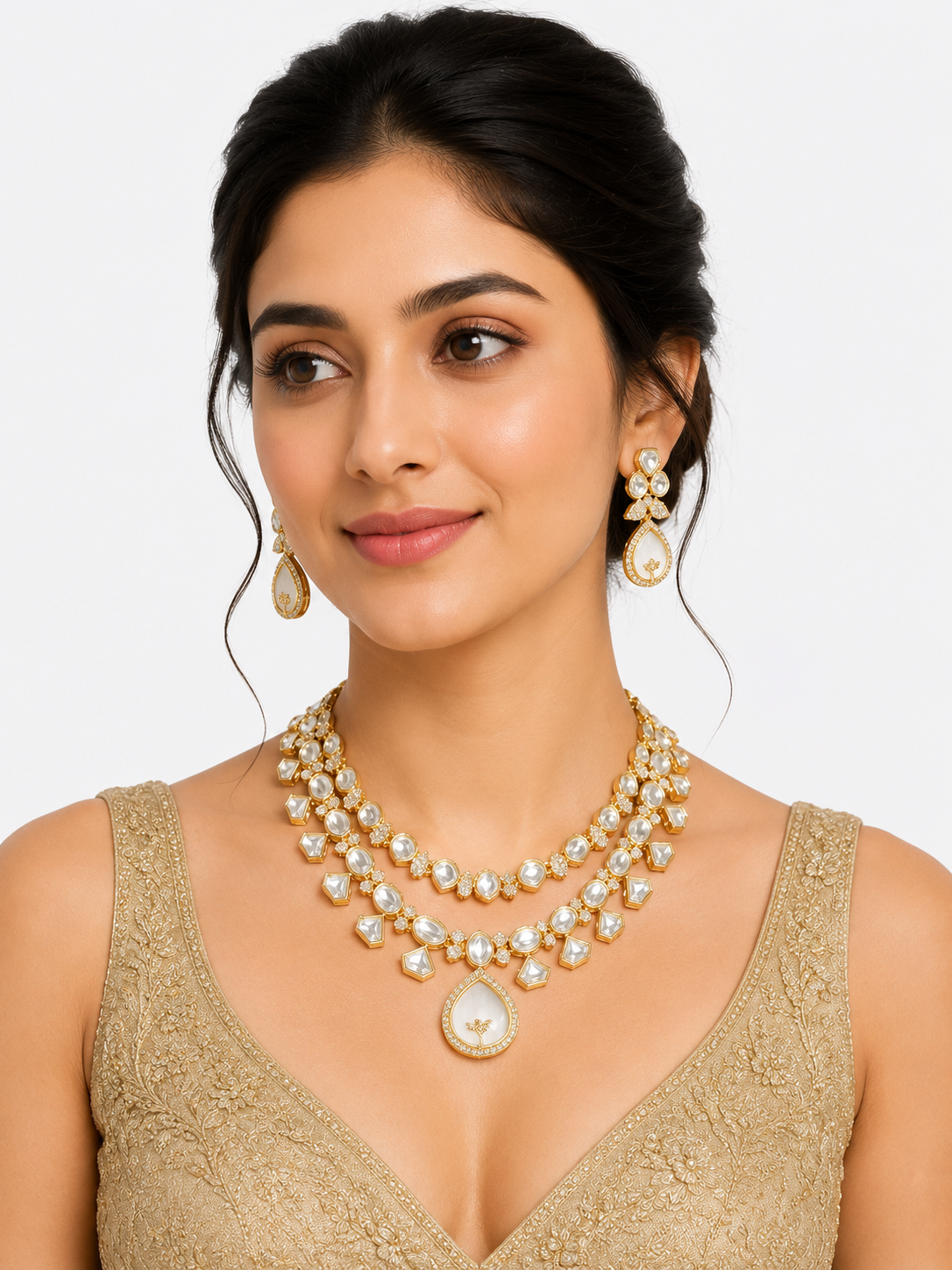 Double Layer Polki Kundan Necklace & Earrings Set