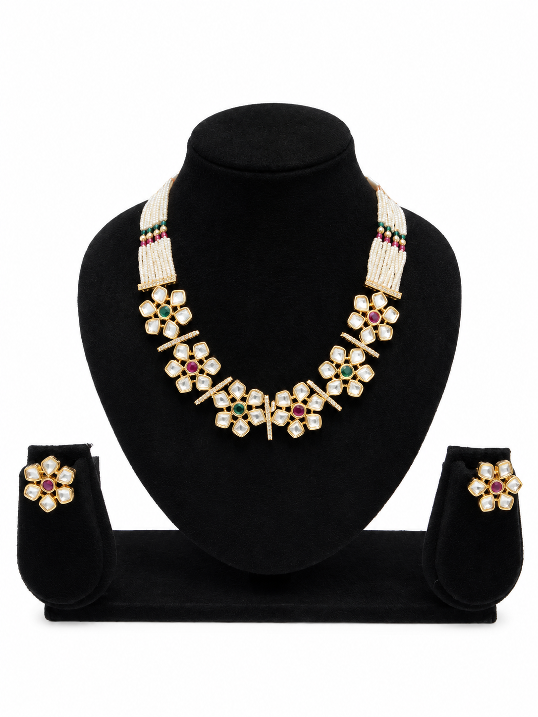 Floral Kundan Necklace & Earrings Set with Pearl String