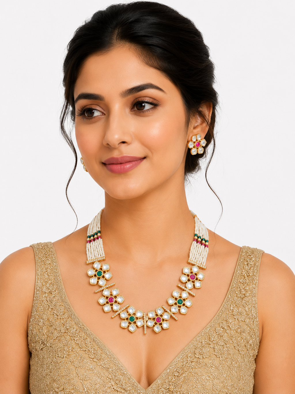 Floral Kundan Necklace & Earrings Set with Pearl String