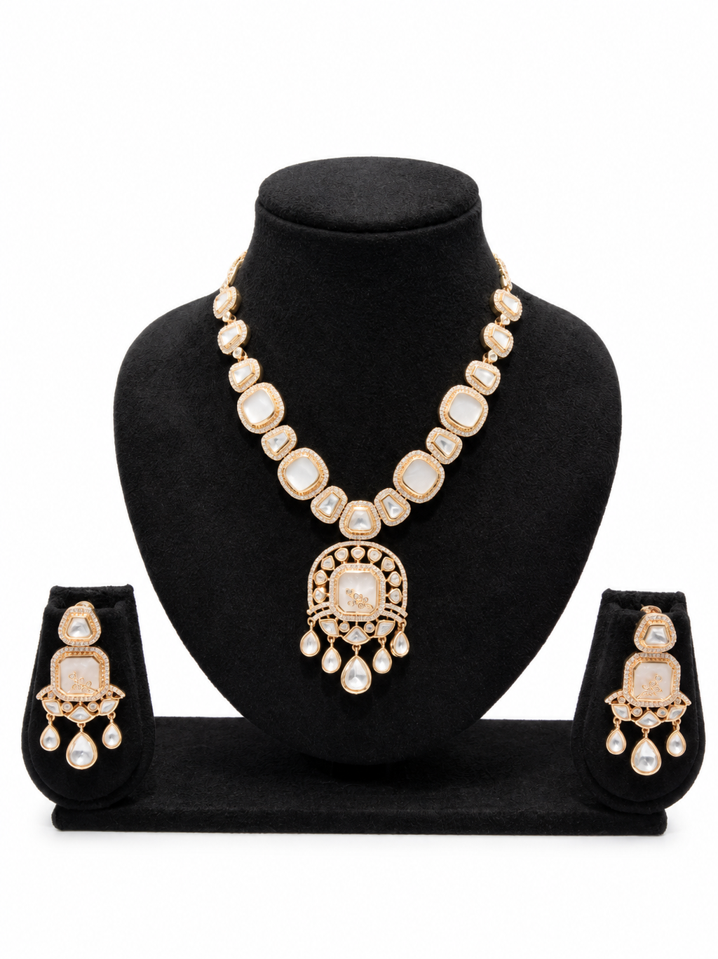 Square Polki Kundan Necklace & Earrings Set with Pearl Drops