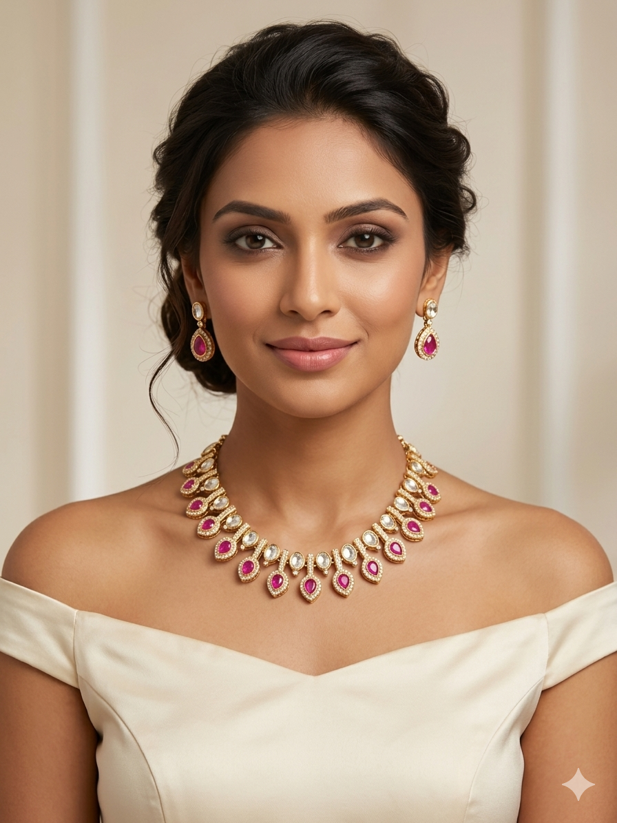 Ruby & Polki Kundan Teardrop Necklace & Earrings Set