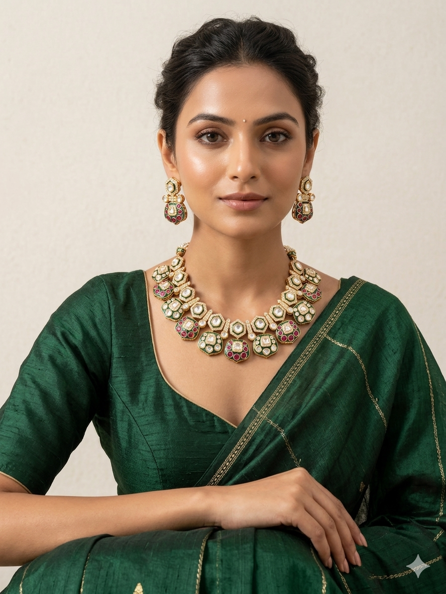 Meenakari Kundan Choker Necklace & Earrings Set with Ruby & Emerald