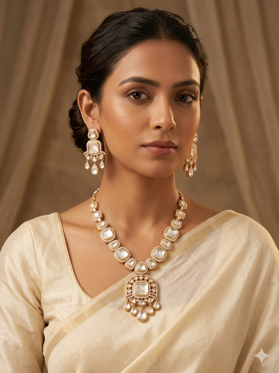 Square Polki Kundan Necklace & Earrings Set with Pearl Drops