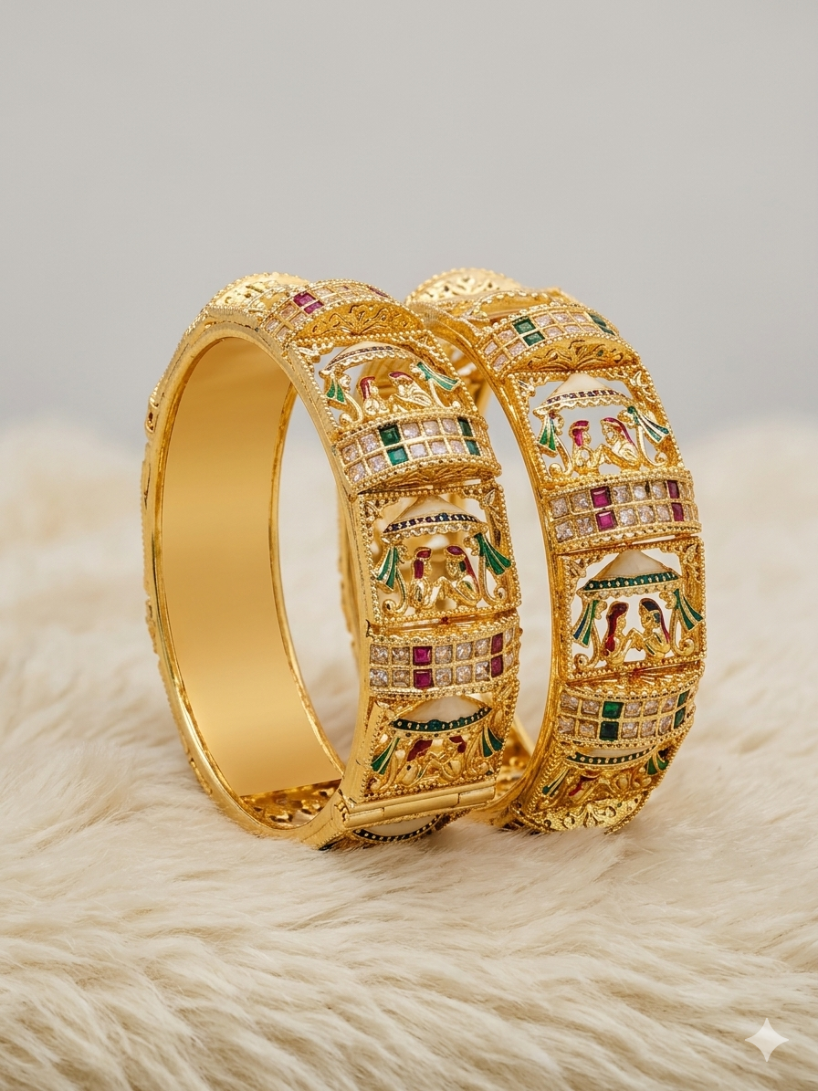 Temple Bangle Set – Gold-Plated Rajwadi Kada with Meenakari & Stone Work