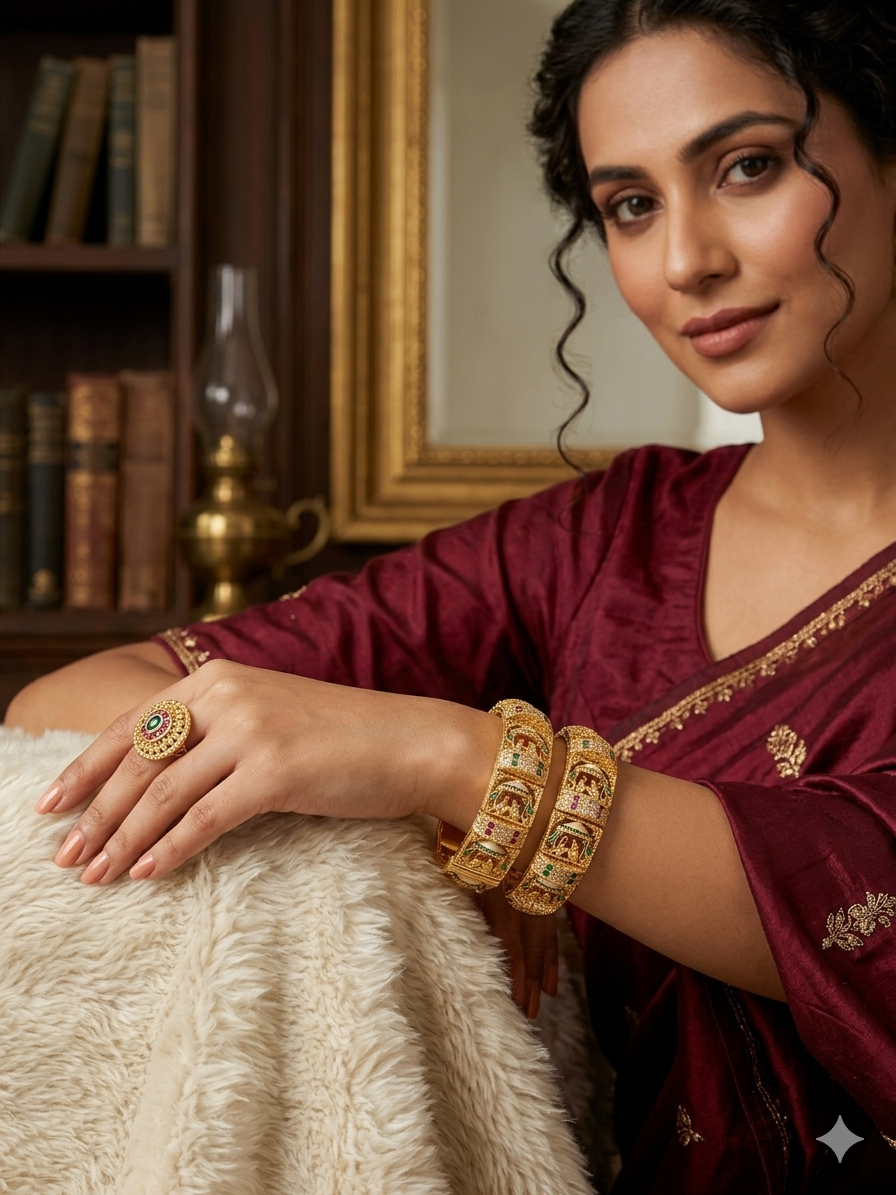 Temple Bangle Set – Gold-Plated Rajwadi Kada with Meenakari & Stone Work