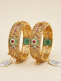 Jadau Floral Bangle Set – Gold-Plated Kada with Jade & Ruby Stone Work